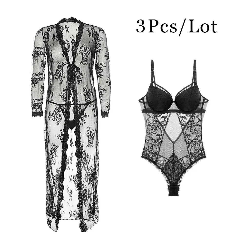 Women's One-Piece Underwear Push Up Lace Lingerie Sexy bra set+robe+thongs 3 pcs