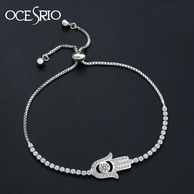 

OCESRIO Paved Zircon Hamsa Bracelet Silver Color Charm Bracelet Hand of Fatima Adjustable Bracelet Women Fashion brt-k45