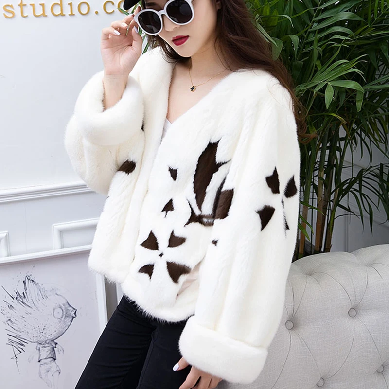 jade pride 2018 New Print V-Neck Short Velvet Mink Coat Thick Warm Winter Outwear Natural Color Full Sleeve Slim Fur Coats | Женская