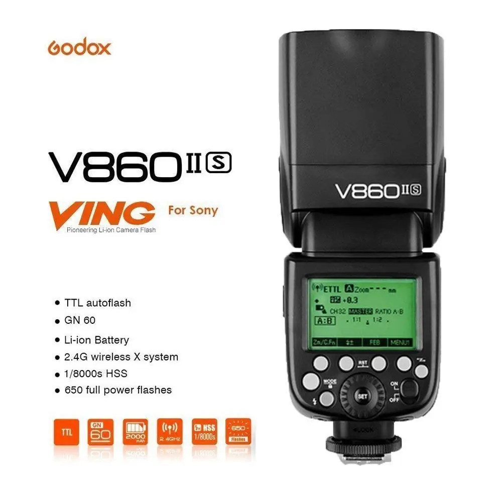 Фотовспышка Godox для фотоаппаратов Sony V860II-S HVL-F60M A7 A7R A7S A7II A7RII A58 A99 A6000 A6300 |