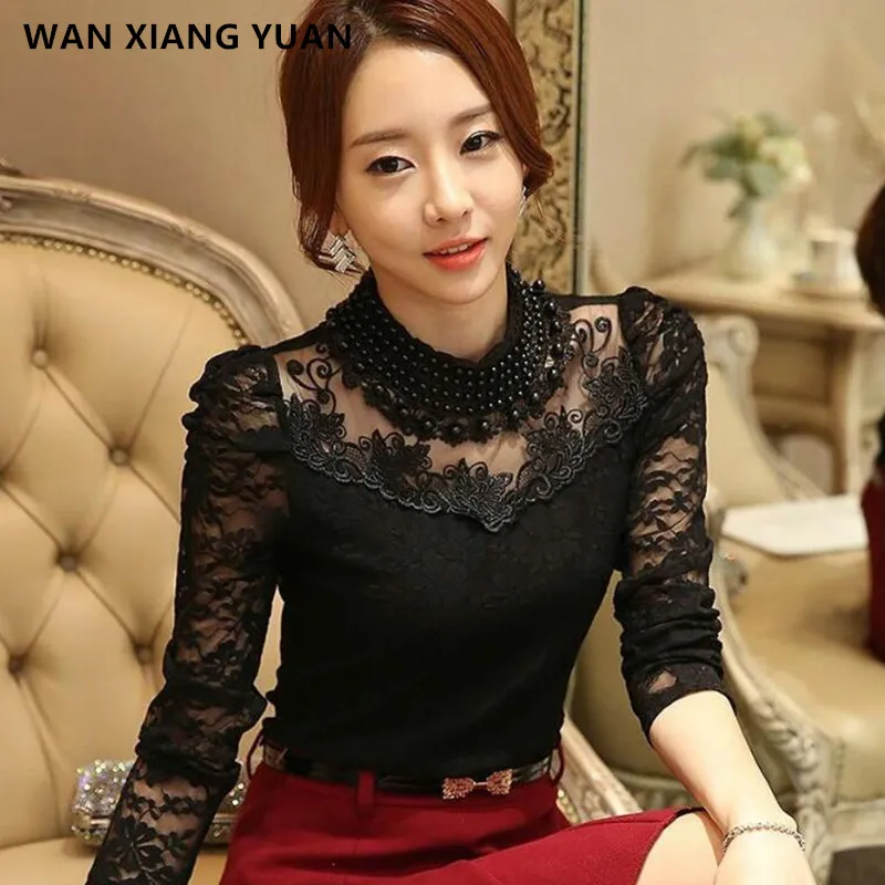 Кружевная блузка Мода 2017 г. осень Для женщин с длинным рукавом белый шипованных