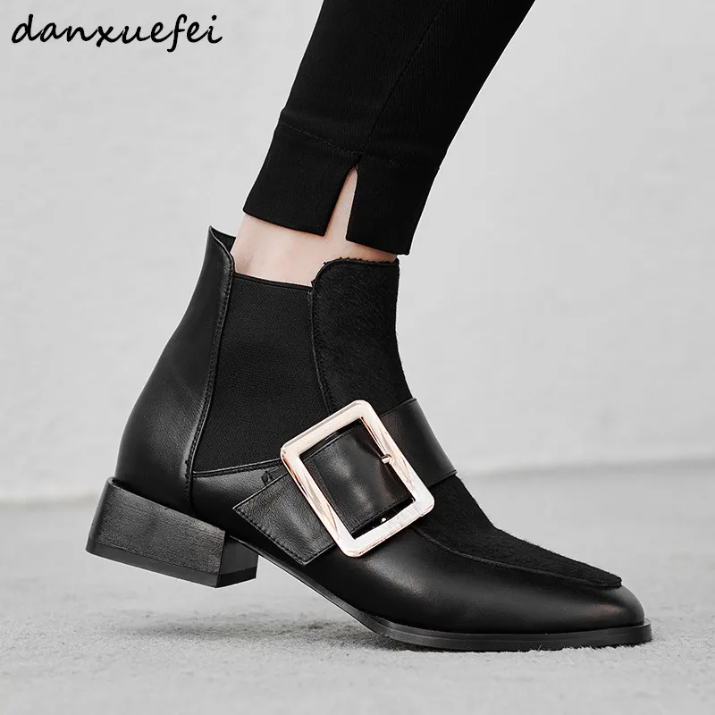 Women's Genuine Leather Metal Buckle Slip-on Autumn Ankle Boots Brand Designer Horsehair Punk Short Booties Winter Shoes Women | Обувь