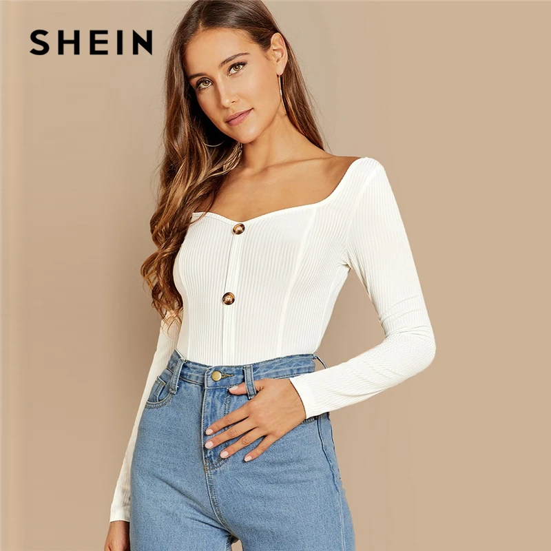 SHEIN Облегающий Топ С Длинным Рукавом И Глубоким Вырезом Трикотажная Блузка В Рубчик