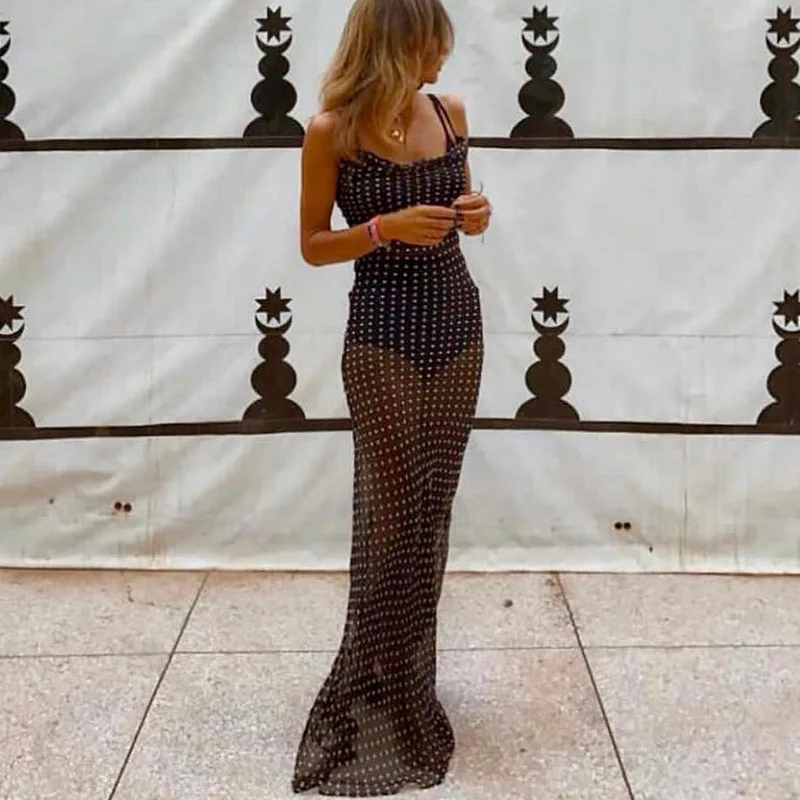 Женское шифоновое макси-платье в горошек Ursohot длинное пляжное платье на