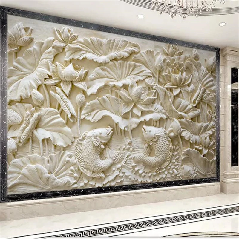 

Обои на заказ для гостиной спальни 3D Трехмерная резьба по камню lotus carp рельефная роспись ТВ фон