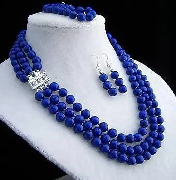 Real Fashion 3 row 8mm lapis lazuli necklace bracelet earring set sets Wonderful Nobility Fine Wedding Jewelry Lucky Women's | Украшения