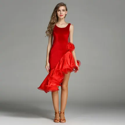 Женское платье для латиноамериканских танцев зеленое с красными цветами женское