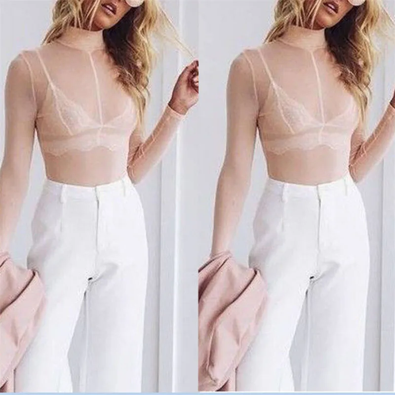 

hirigin Sexy Women Blouses 2018 See Through Transparent Mesh Stand Neck Long Sleeve Sheer Blouse Shirt Ladies Tops Tee
