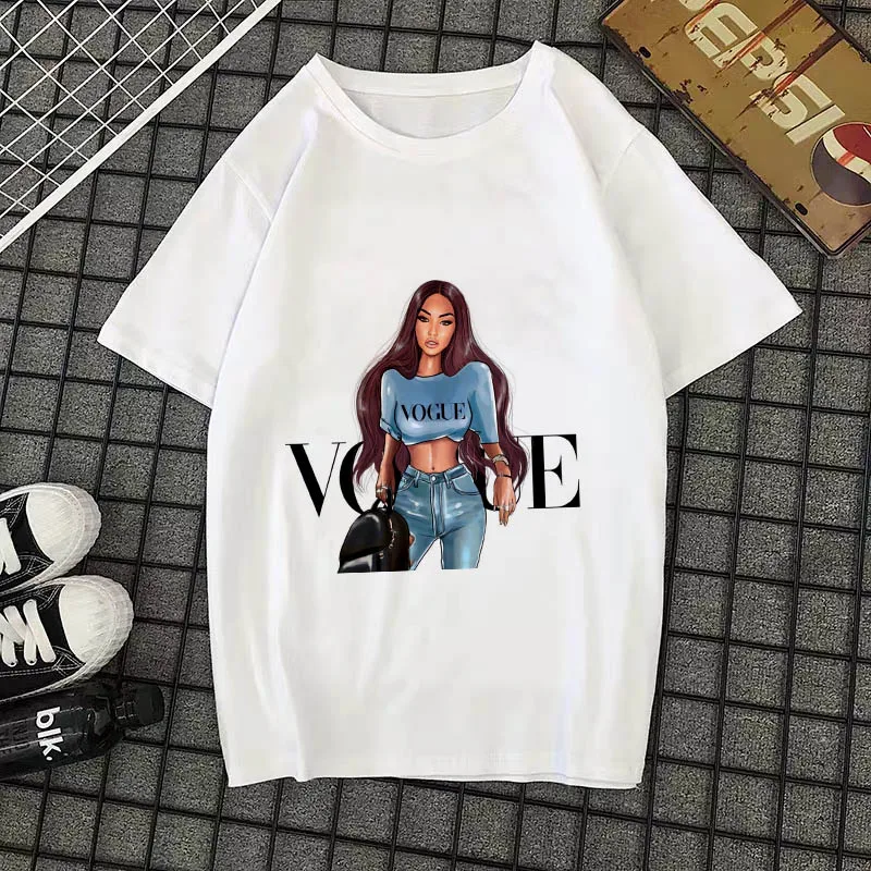 Летняя Новинка, модная женская футболка, VOGUE, с буквенным принтом, Harajuku, футболка с круглым вырезом и коротким рукавом, белые топы, женская одежда