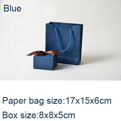 Blue 8x8x5cm Крафт-бумажная коробка с лентой и бумажный пакет DIY для свадьбы, дня рождения, рождественской вечеринки, Подарочная коробка, винтажная Ретро сумка для украшения, 10 шт./лот - Цвет: Blue 8x8x5cm