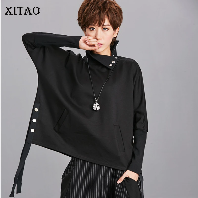

[XITAO] Women 2018 Autumn Fashion Turtleneck Full Sleeve Pullover Sweatshirt Femlae Solid Color Asymmetrical Sweatshirt ZLL1450