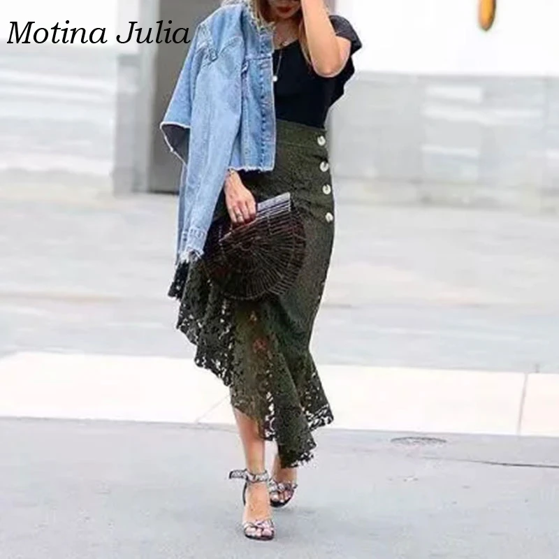 2018 Сексуальная кружевная полая юбка Женская осенне зимняя с пуговицами