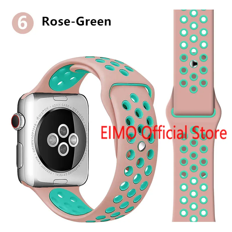 pink green 6 Ремешок для Apple Watch, 44 мм, 40 мм, 42 мм, 38 мм, iwatch series 5, 4, 3, 2, 1, спортивный силиконовый браслет, ремешок для часов, аксессуары для часов - Цвет ремешка: pink green 6