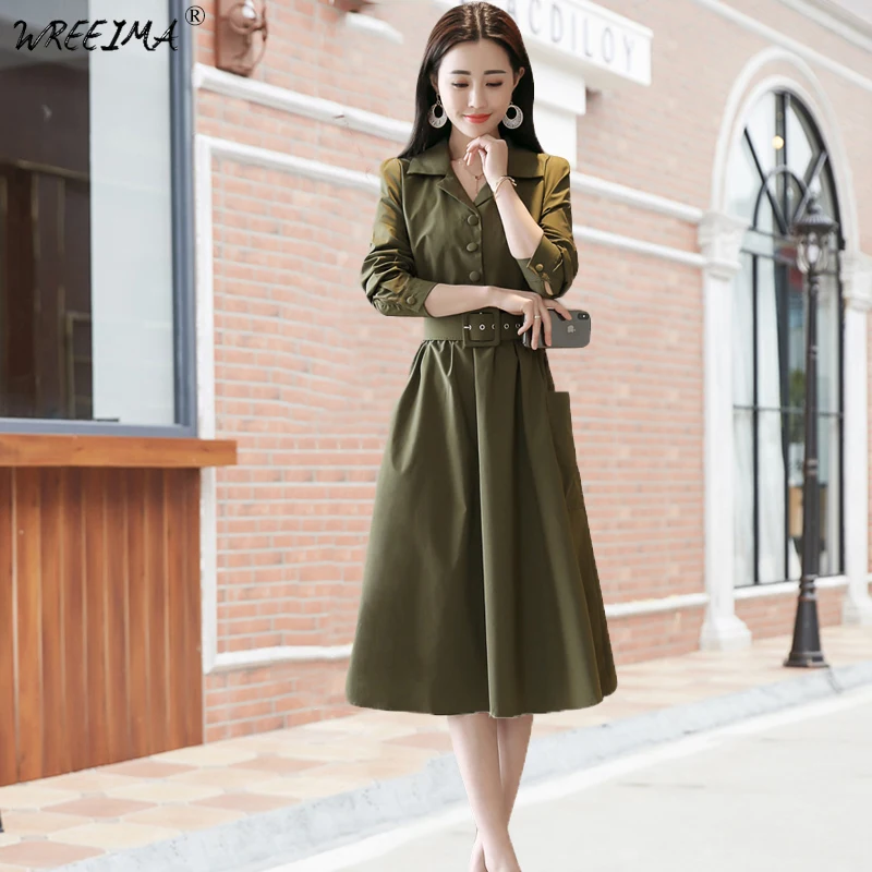 2018 осенний Женский Тренч Повседневное платье с длинным рукавом армейский