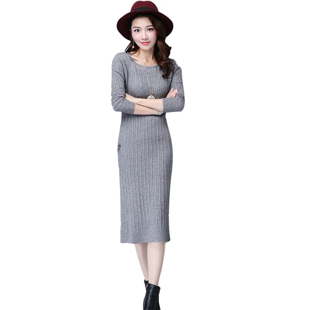 Футболка с длинным рукавом свитер платье трикотажные Crewneck выше колена Bodycon