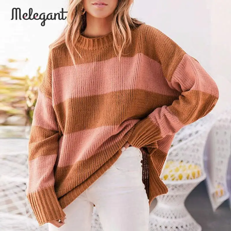 Melegant Stripe Patchwork Loose Casual Winter Sweater Women Knitted Knitwear Femme Sweaters Pullover Plus Size | Женская одежда