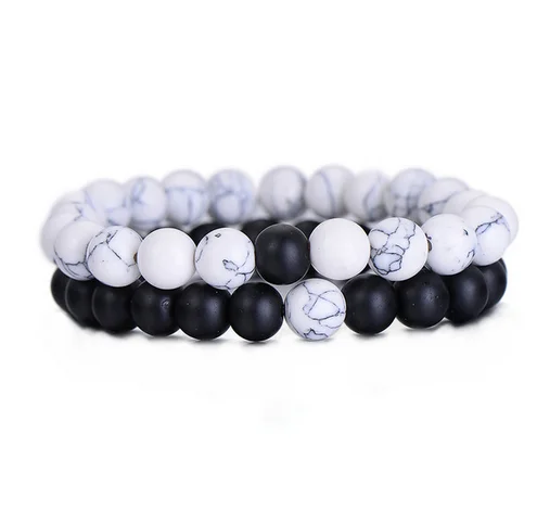 black white PHB002 2pcs/set 8mm Natural Stone Bracelets& Bangles Couple Bracelet for Lovers Gift - Окраска металла: black white
