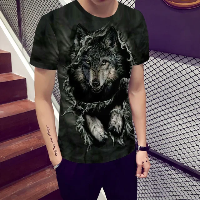 Мужская футболка с 3d рисунком, homme, летняя футболка с коротким рукавом с изображением волка, блузка, топы, мужские Забавные футболки, camiseta masculina