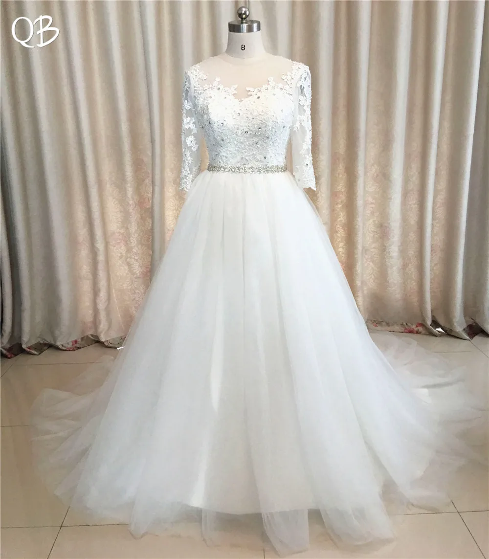 Длинные свадебные платья ТРАПЕЦИЕВИДНОЕ платье из тюля с кружевом бусинами и