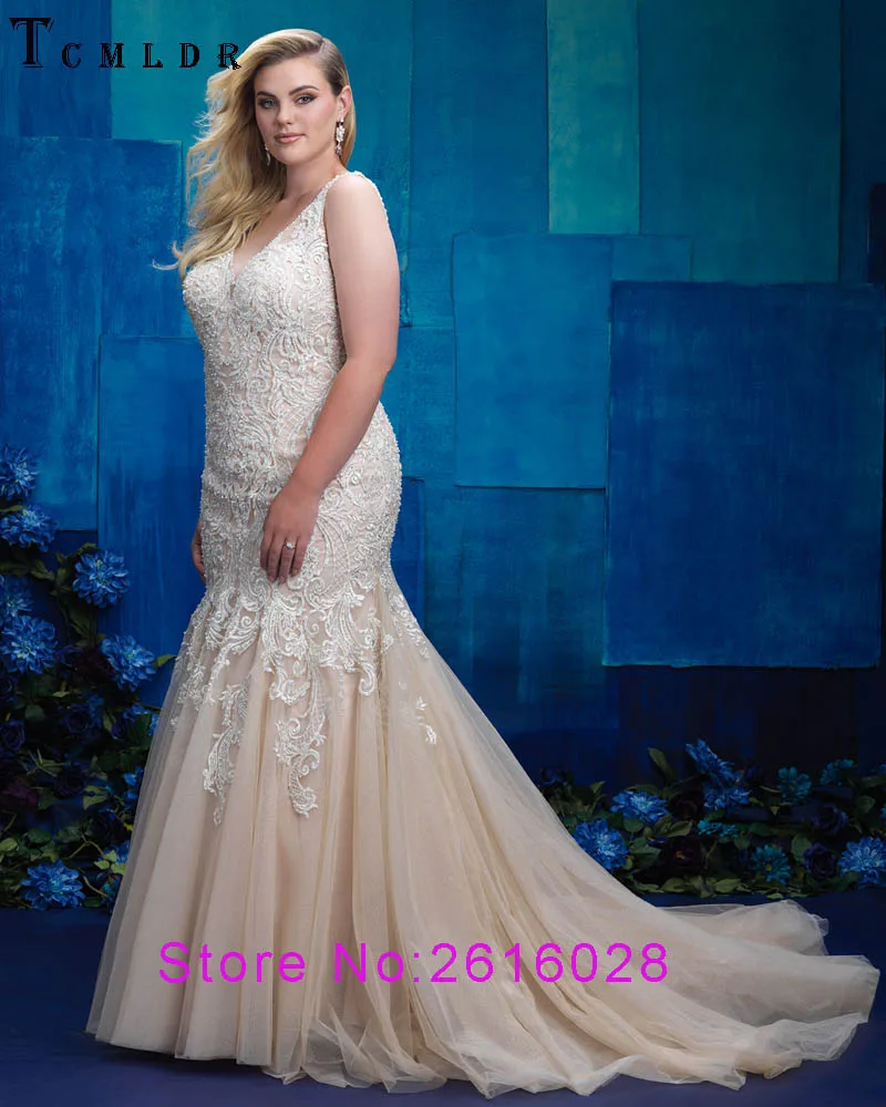 Tcmldr 2017 New Design Plus Size Wedding Dresses Long Mermaid Gowns Sexy Deep V-neck Crystal Beaded Backless Bridal Gown | Свадьбы и