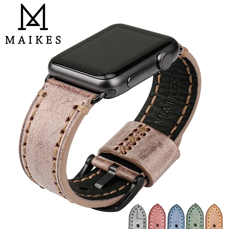 Ремешок MAIKES из натуральной кожи для Apple Watch винтажный браслет 44 мм 40 iWatch Band 42 38