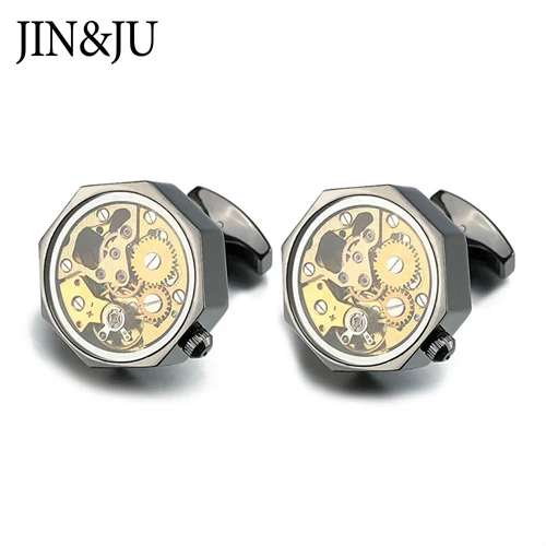 JIN& JU Горячая золотая запонка с часовым механизмом со стеклом из нержавеющей стали стимпанковый механизм часы механизм запонки для мужчин - Окраска металла: Design2 Black Gold