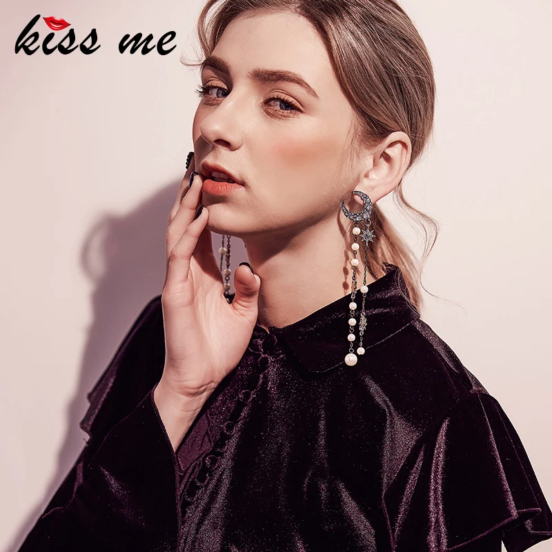 KISS ME, персонализированные серьги с искусственным жемчугом, звезда, луна, сплав, винтажные длинные серьги, Женские Ювелирные изделия