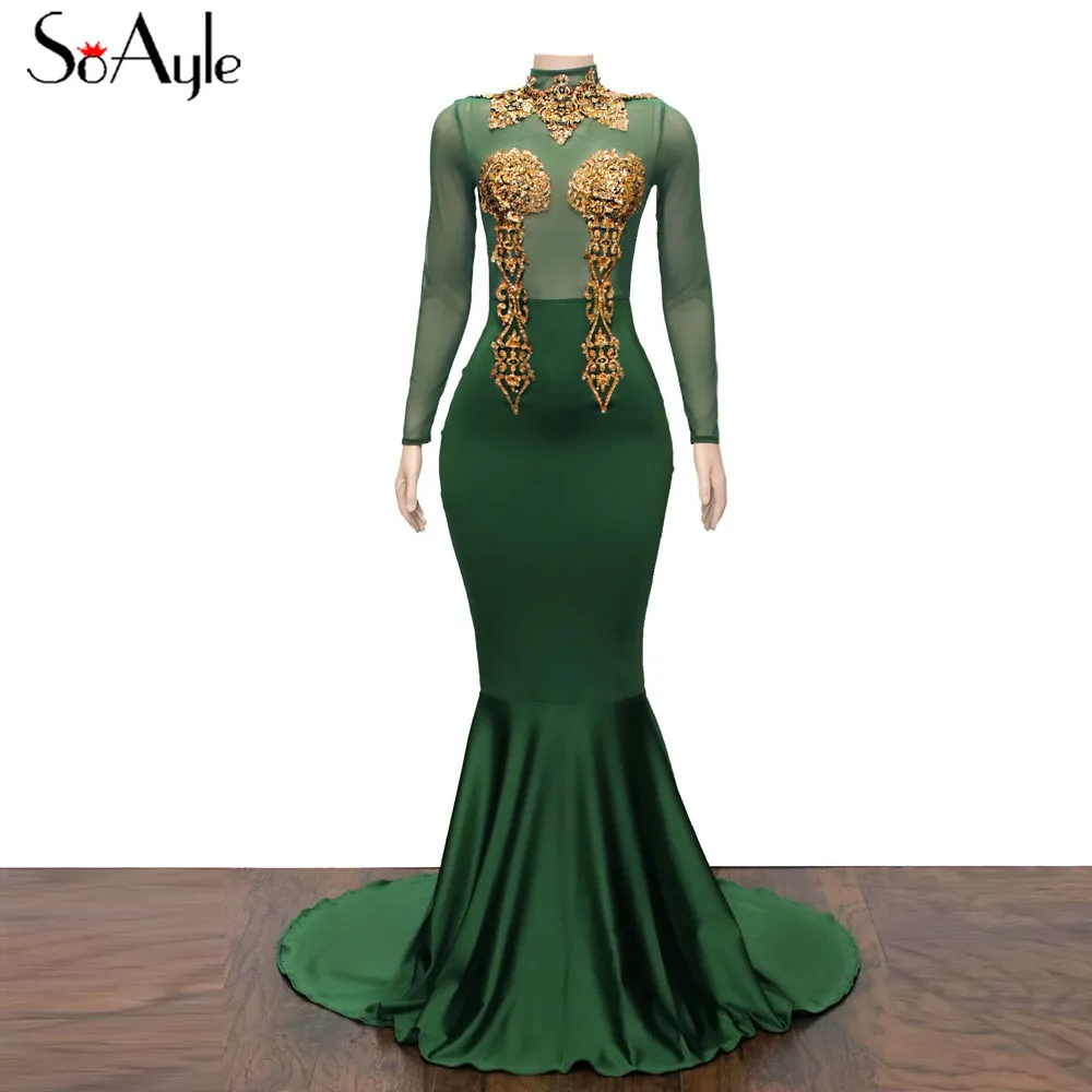 SoAyle Длинные Выпускные платья большие размеры африканская мода Платья Vestidos de festa Русалка Зеленый Расшитое Бисером Вечерние