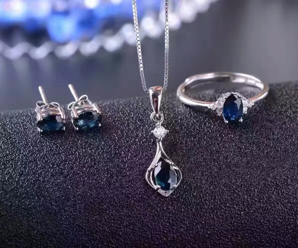 Новейший стиль костюм с натуральным сапфиром серебро 925 пробы простой темно