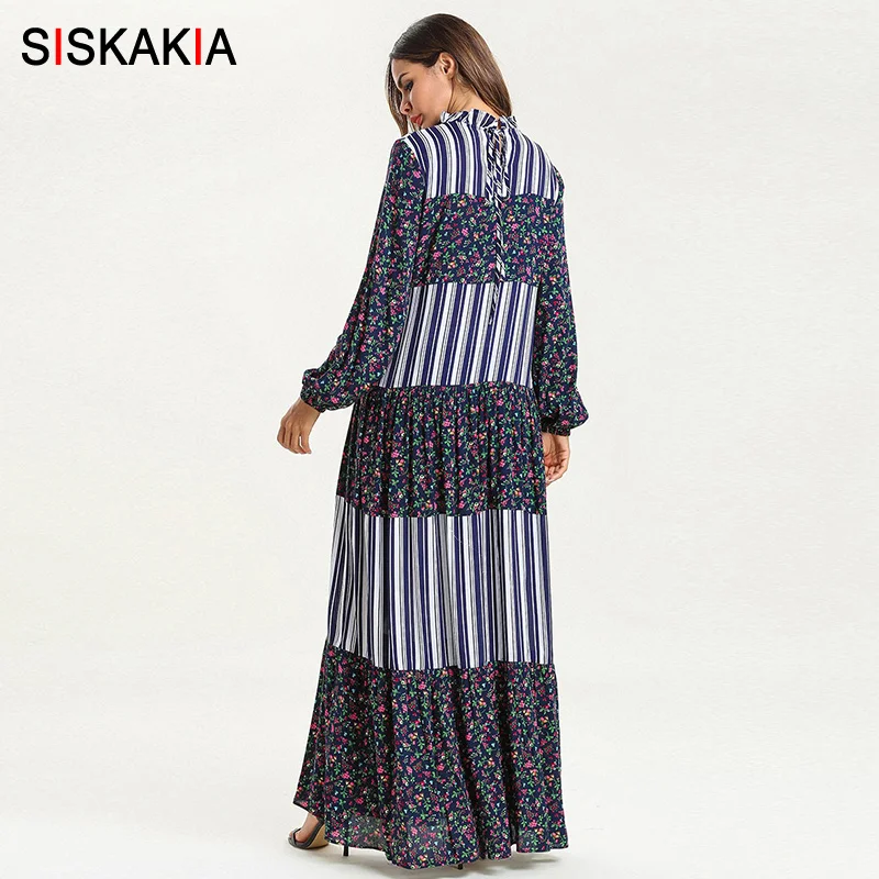 Siskakia Цветочная печать полоса лоскутное женское длинное платье кружевной воротник шнурок платья-Макси с длинным рукавом размера плюс качели