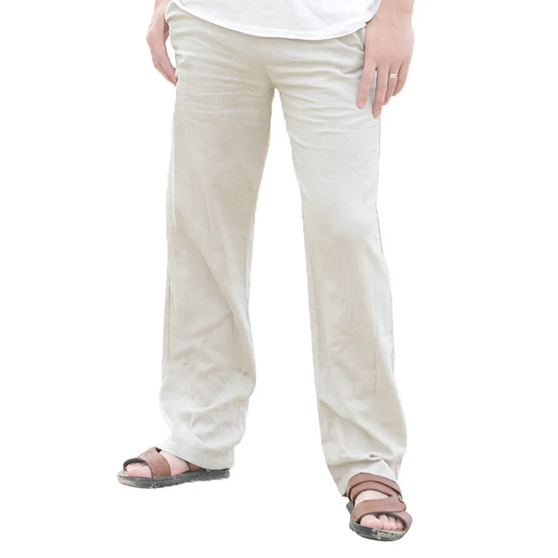 light khaki Litthing новые высококачественные мужские летние повседневные штаны из натурального хлопка и льна, белые льняные прямые мужские штаны с эластичной талией - Цвет: light khaki