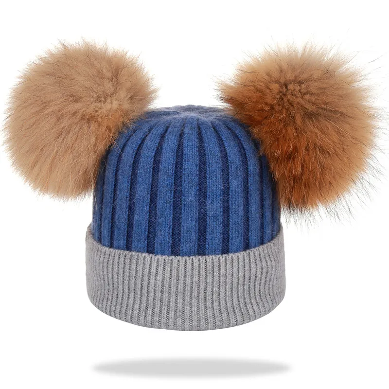 blue gray Xthree зимняя женская шапка шерстяные вязаные шапочки натуральный мех двойные помпоны Skullies шапка для девочек feminino - Цвет: blue gray