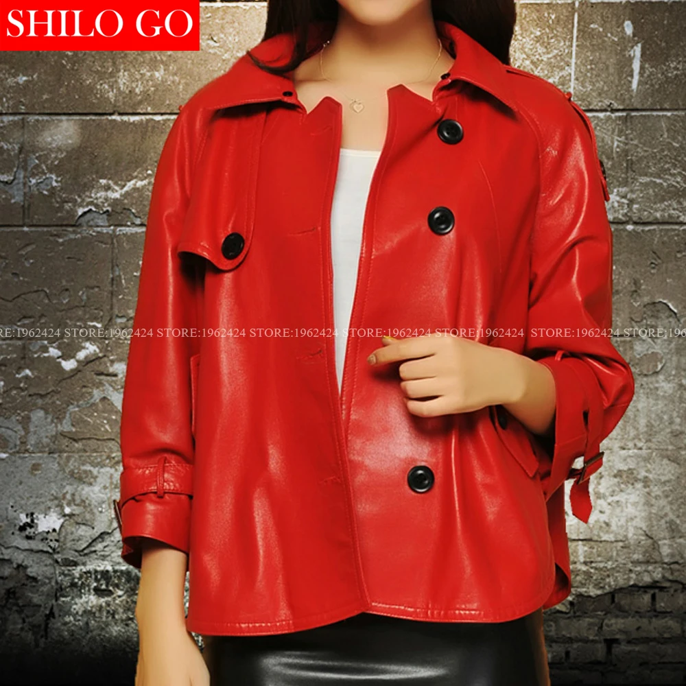 Plus size new fashion women high quality Sheep skin Lapel single breasted pocket Candy color loose genuine leather skirt jacket | Женская