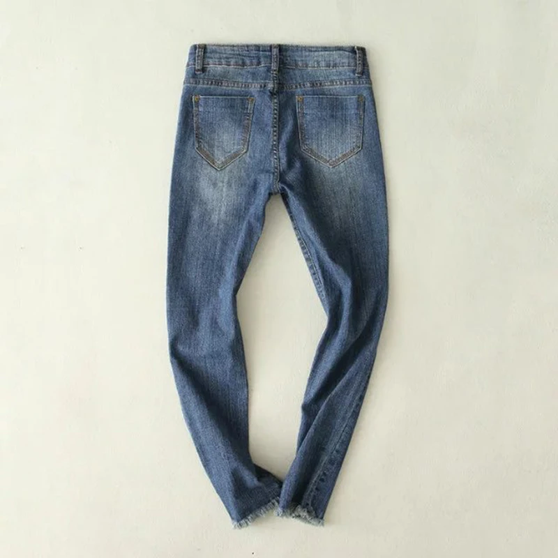 La Maxpa 2017 Hot Sale Real Zipper Fly Washed Stripe Pencil Pants Mid Hole Cotton Regular Light Jeans Woman Are The Female |