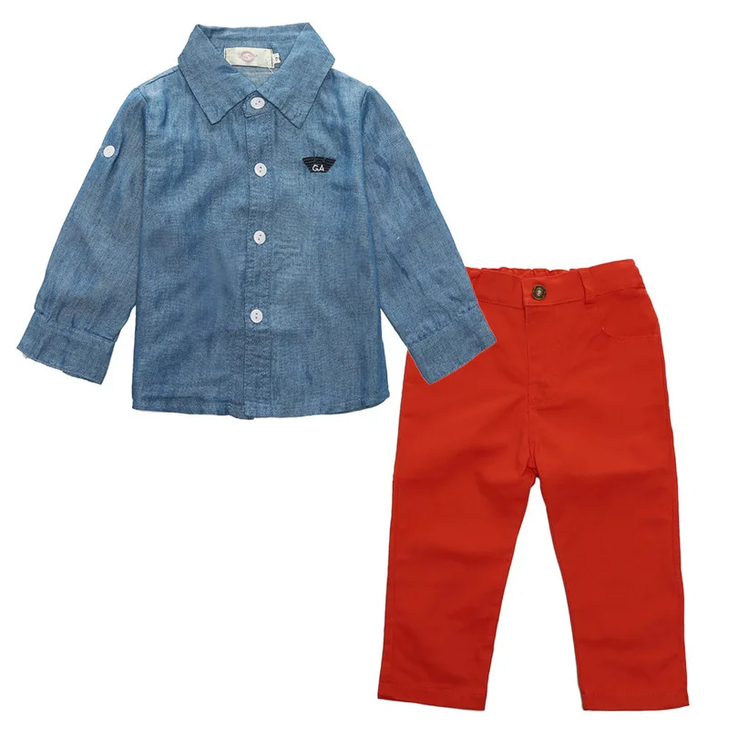 Toddler Boys Clothing Set for Baby Children Grey Long Sleeves Shirt+ Red Jean Pants Trousers Suit Infant Boy Casual Clothes