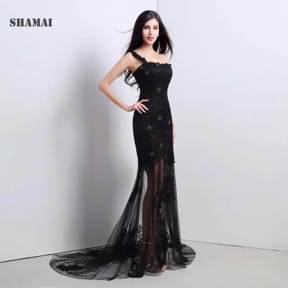 Элегантное романтическое черное платье SHAMAI длинное официальное на одно плечо
