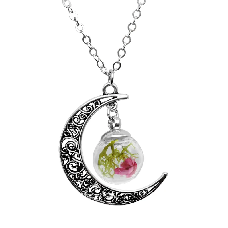 Девушка Луна натуральный сушеный цветок ожерелье покрытие серебро стекло купол