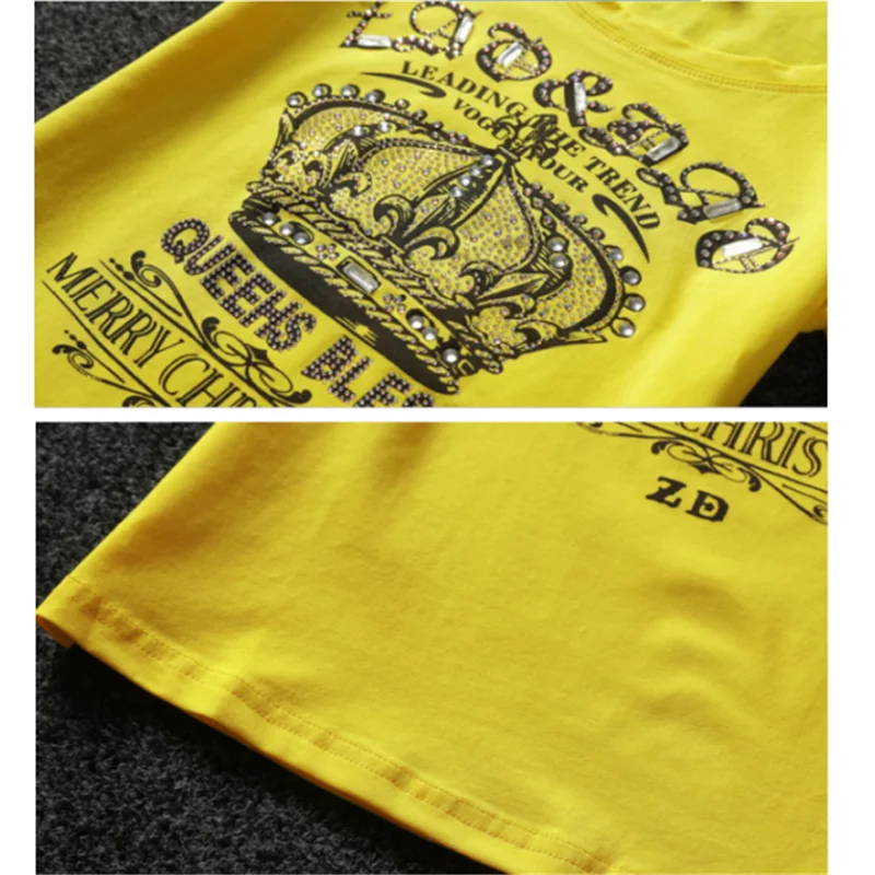Желтая Женская футболка со стразами модный принт хлопковые футболки для женщин