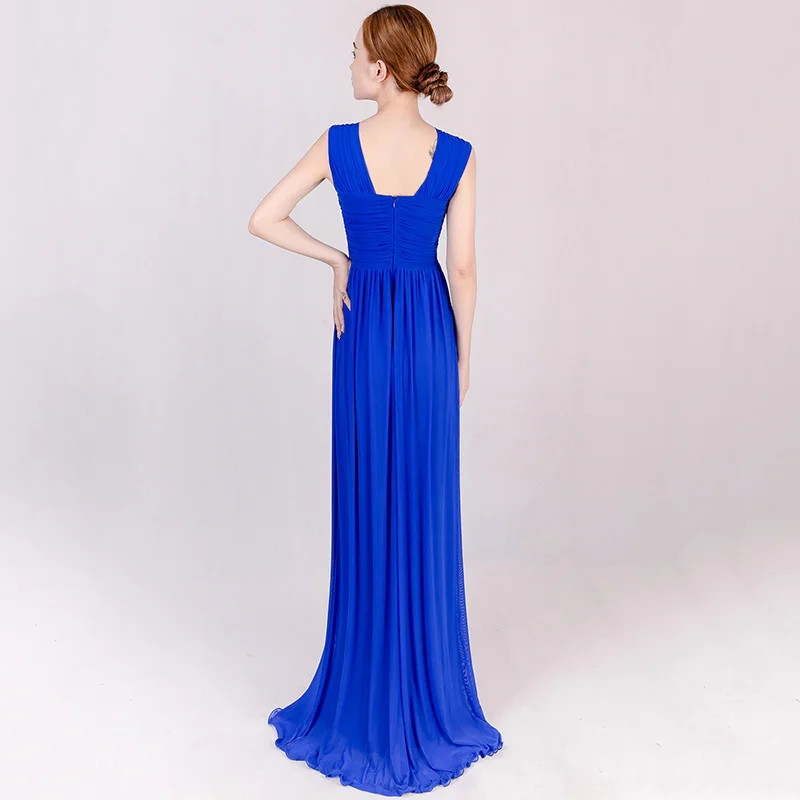 Женское вечернее платье без рукавов с синими бусинами и круглым вырезом длинное