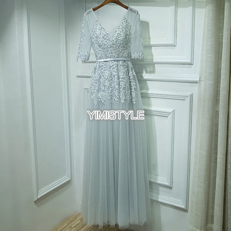 Элегантные светло серый аппликация кружево Тюль полурукав вечернее вечерние