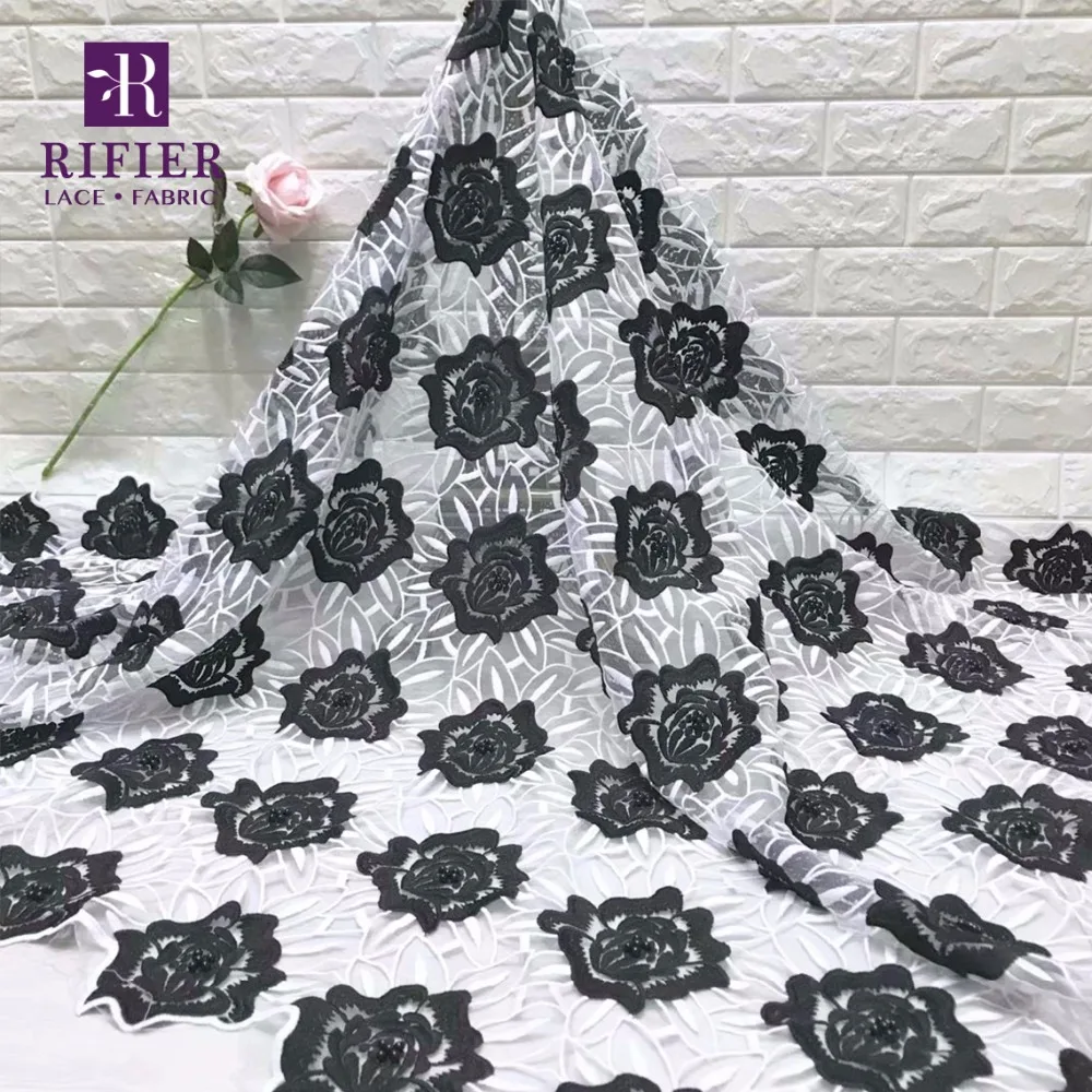 

White And Black Dry Lace Milk Silk Fabric African Nigerian Beaded Embroidered Mesh Lace 2019 High Quality Swiss Voile Fabrics