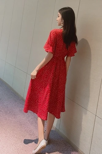 Модное шифоновое платье в горошек с V-образным вырезом новое летнее свободное