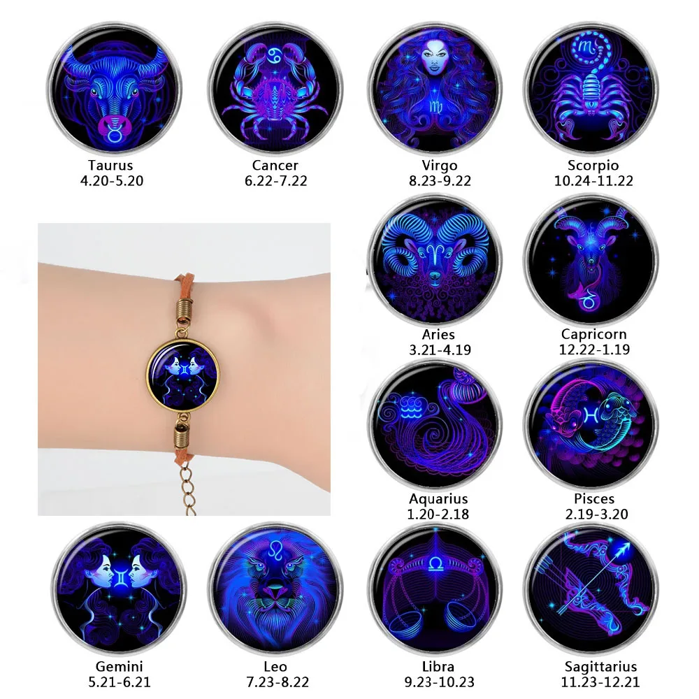 12 знаков зодиака стекло кабошон Замша Кожаный браслет лучшие друзья подарок