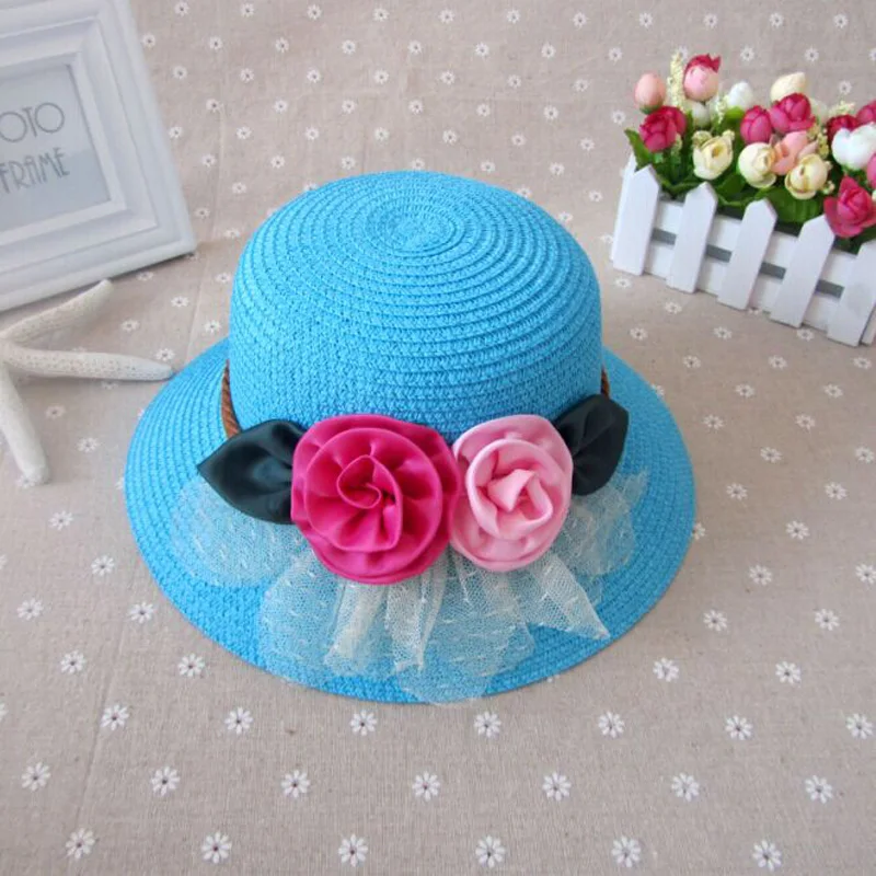 Шляпка от солнца с шелковыми розами для девочек двухцветная соломенная детская