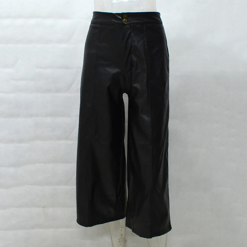 

JYSS New arrival Fashion leather Calf-Length Pants for women Popolar Hight waist PU leather Button Fly Wide Leg Pants 80830