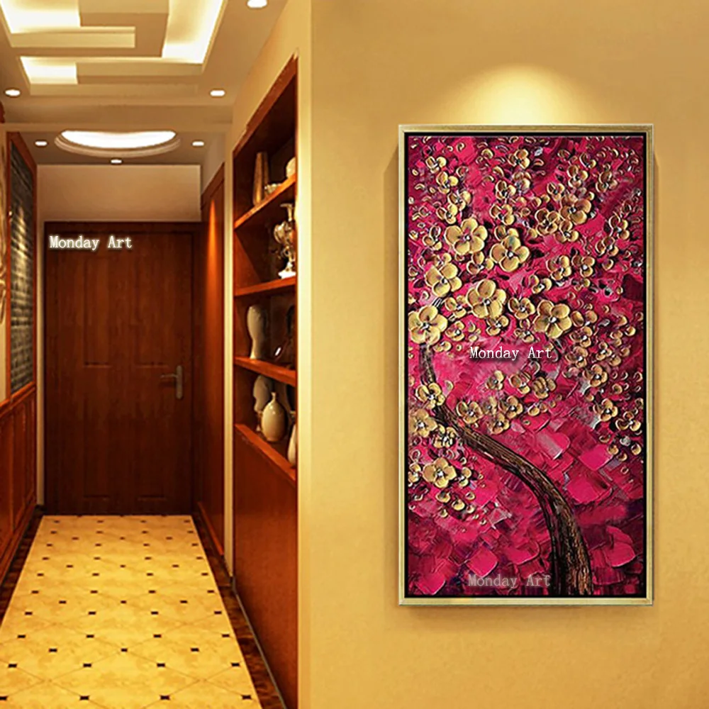 Большая ручная работа золотая монета дерево цветок картина маслом Расписанная