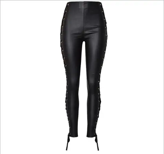 Женские эластичные брюки из искусственной кожи двухсторонние ремни с высокой