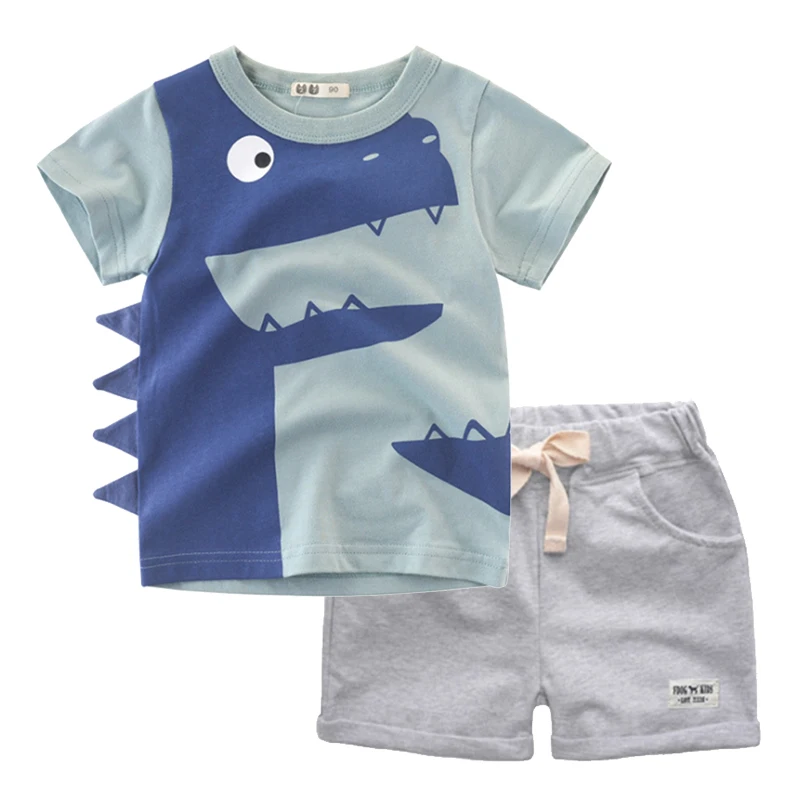 BINIDUCKLING Summer Boys Kids Clothes Cartoon Dinosaur O-Neck T-Shirt+Shorts Pure Cotton Children Boy Clothing Set 2T 3T 4T 5T | Детская