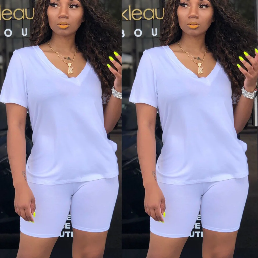 Простая спортивная одежда Vneck с коротким рукавом, обычная футболка с прямыми узкими шортами, Одноцветный вязаный комплект из 2 предметов H6073, три цвета