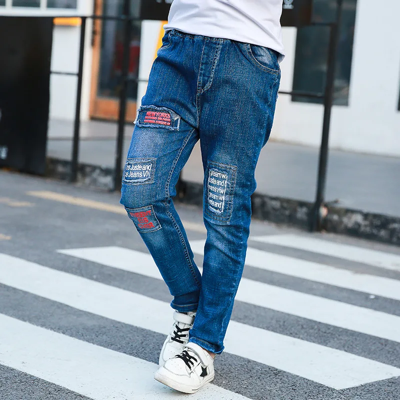 Джинсы для подростков рваные джинсы с нашивками мальчиков детские штаны брюки
